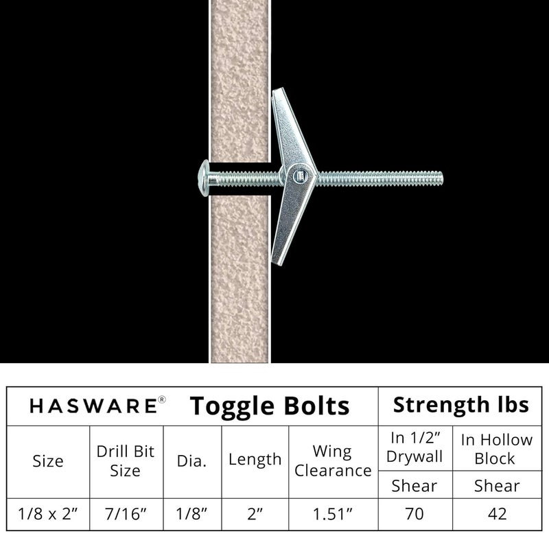 HASWARE Toggle Bolt Zinc Plated Steel and Wing Nut for Hanging Heavy Items on Drywall 1/8 x 2 (25 Pack) - Image 4
